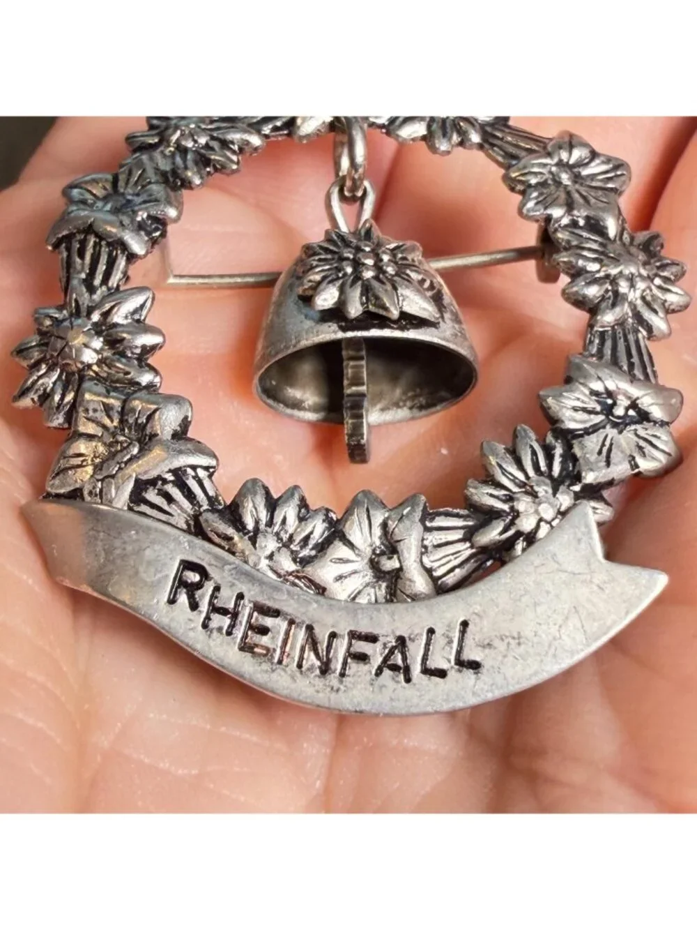 Vintage Rheinfall Swiss Alps Edelweiss Cowbell Souvenir Brooch Pin 1.75”